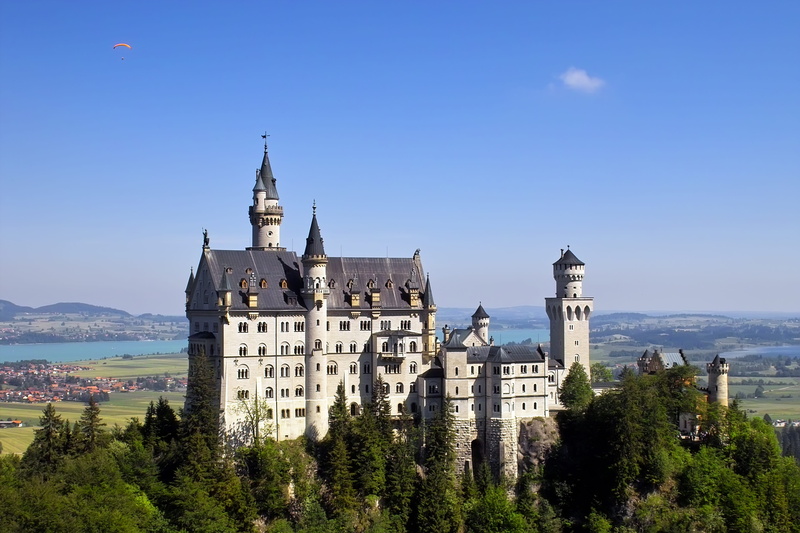 no people, tree, travel, blue, building, plant, neuschwanstein castle, architecture, travel destinations, sky, outdoors, religion, nature, clear sky, castle