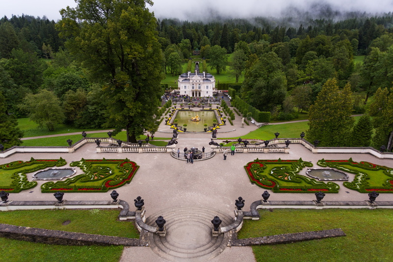2K, palace, europe, travel destinations, built structure, art and craft, tree, building, green color, plant, linderhof palace, garden, no people, grass