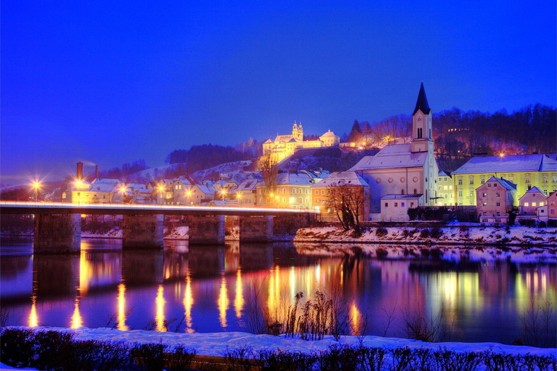 bridge, bavaria, passau, city, nature and landscapes, evening, light, river, 1080P, buildings