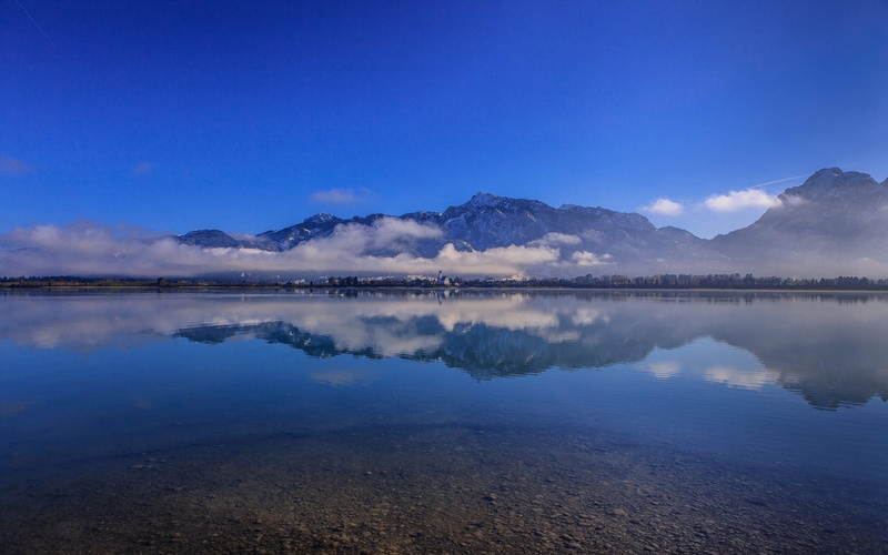 lagoon, reflection, landscape, sky, mountain range, tranquil scene, water, mountains, mountain, environment, fog, copy space, 1080P, Bavaria, Forggensee