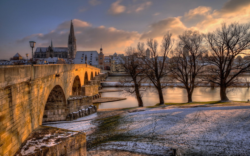regensburg, city, trees, evening, beach, sunset, bavaria, 1080P, germany, bridge, clouds, hdr