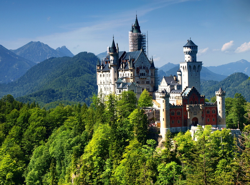scenics - nature, spire, religion, neuschwanstein castle 4k picture, mountain, tree, beauty in nature, building exterior, tower, built structure, day, 4K