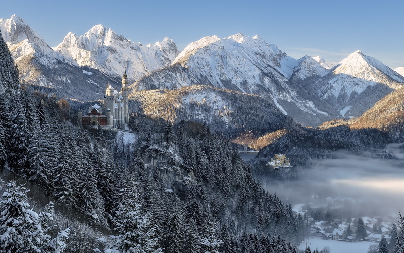 landscape, Bavaria, winter, building, Neuschwanstein Castle, 1080P, mountains, nature