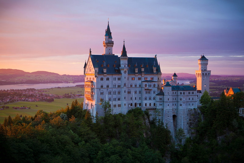 building exterior, building, neuschwanstein castle, illuminated, dusk, spire, architecture, 2K, sunset, tower, travel, germany, tree, built structure