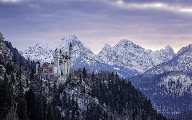 built structure, mountain range, neuschwanstein, bavaria, architecture, widescreen, landscape, outdoors, tree, mountain peak, plant, beauty in nature