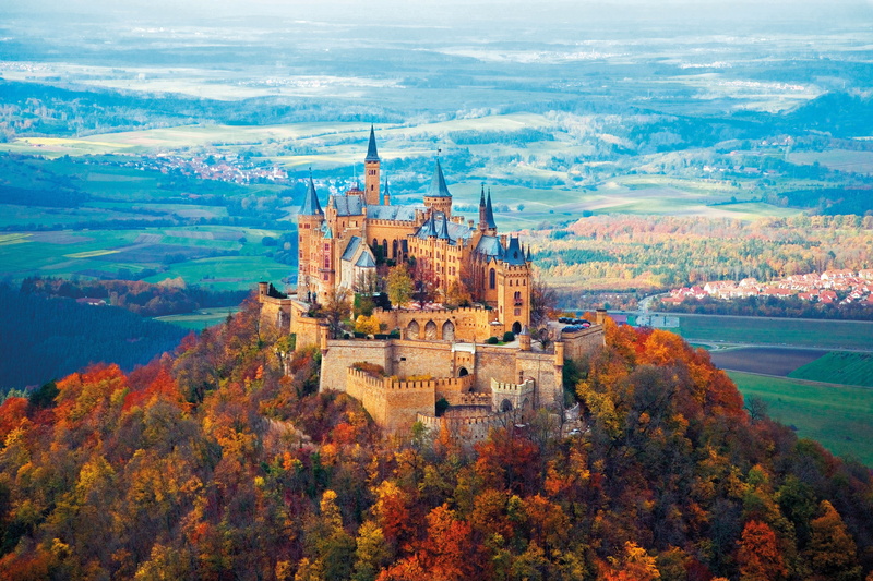 built structure, tree, neuschwanstein castle, water, place of worship, day, forest, mountain, high angle view, the past, 4K, plant, autumn, religion, nature