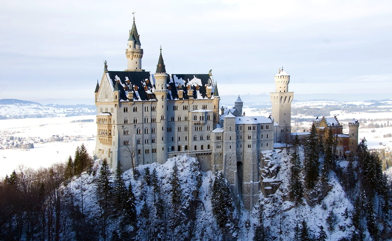 religion, day, Neuschwanstein, Germany, snowcapped mountain, tree, nature, cold temperature, building, architecture, snow, spirituality, place of worship