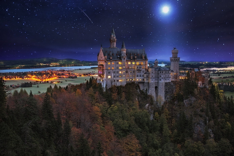 castle, space, night, illuminated, building, twilight, scenics - nature, lichtenstein, sunset, astronomy, stars, star - Space, canada, mountain, panoramic