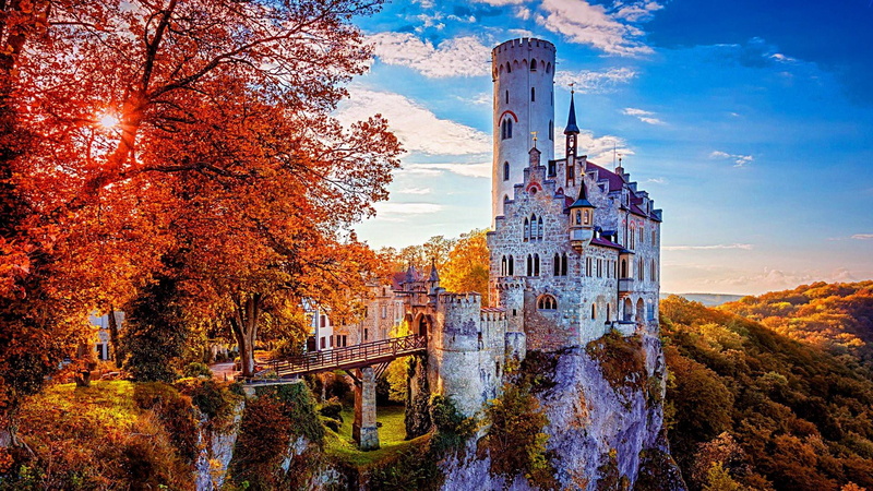 castle, europe, blue sky, place of worship, history, built structure, sunlight, the past, building exterior, plant, no people, sun, nature, wurttemberg