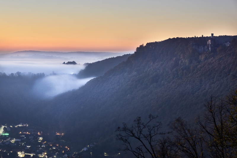 castle, scenics - nature, travel destinations, outdoors, mountain, sunset, viewpoint, tree, plant, forest, landscape, alb, tourism, 5K, land, morning