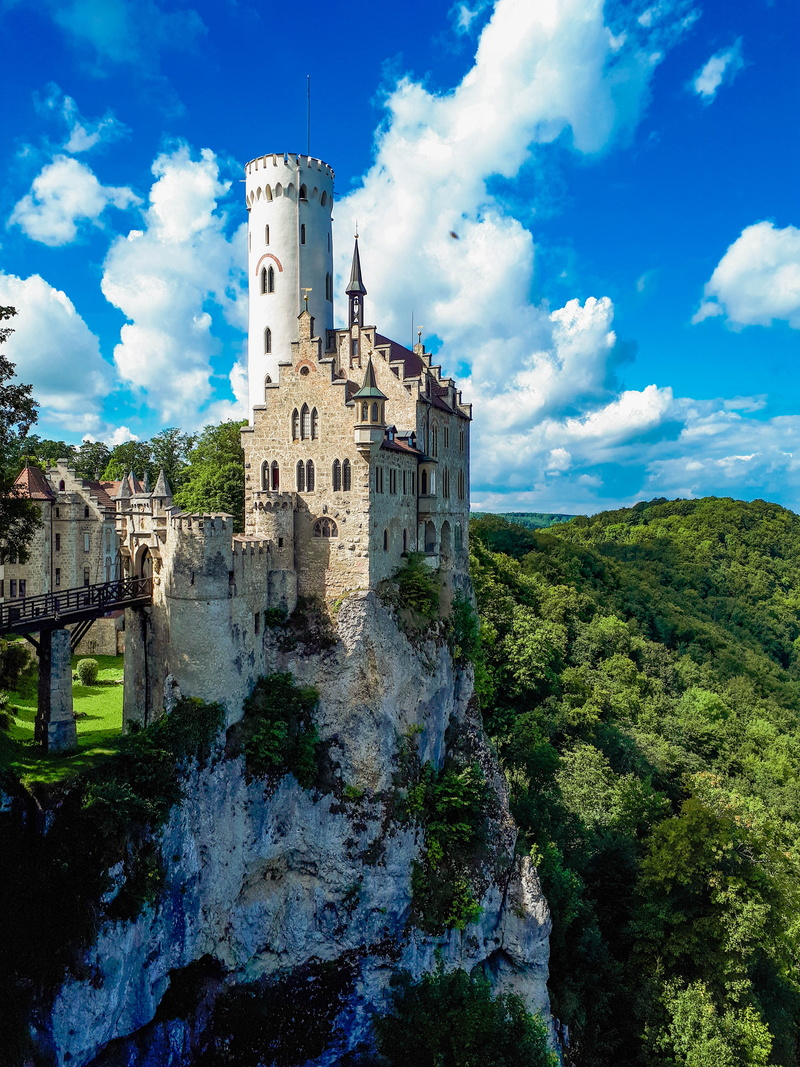 tree, castle on a rock, no people, day, blue, lichtenstein, cloud - sky, travel, tourism, castle, scenic, outdoors, nature, sky, mountain, plant, photo