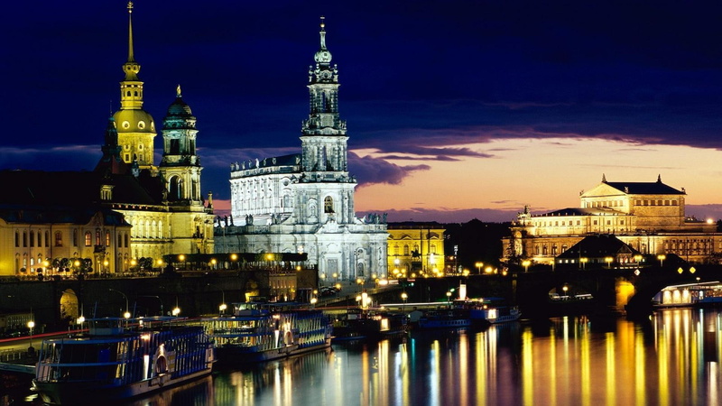 dresden, river, lights, 1080P, boats, night, elbe, germany, nature and landscapes, city