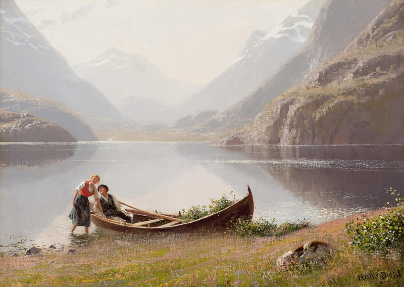 Hans Dahl, women, artwork, lake, mountains, boat, men, 1080P, painting, vehicle, nature