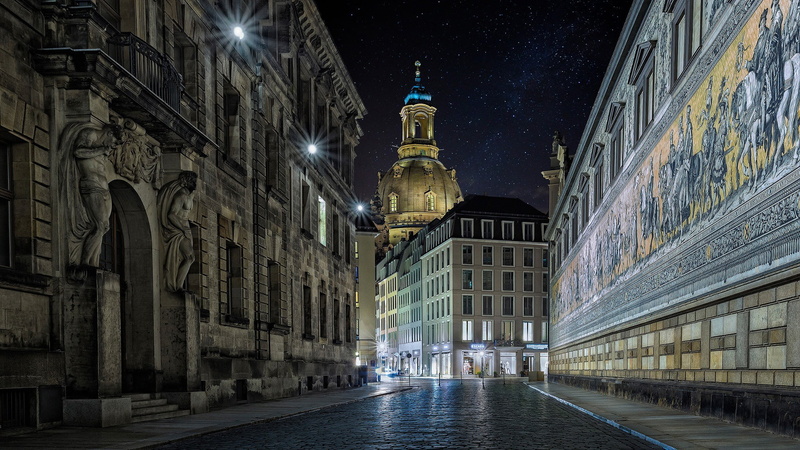sculpture, cityscape, architecture, street light, old building, Europe, stars, Dresden, Germany, church, street, 1080P, city