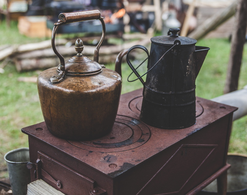 auto focus, metal, retro Styled, outdoors, black metal, cultures, 4K, still life, two, household equipment, focus on foreground, gray, pot, close-up, appliance