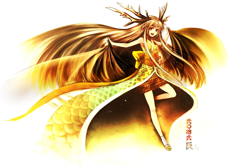 joy, art, kimono, kotoba noriaki, hair, wearing, illustration, wings, anime, dress, horns, 1080P, girl