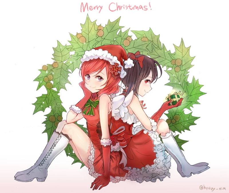 Signed, eyes, gloves, Elbow, Costume, Santa, hat, hair, red, white, Black Hair, Girls, Nico, boots, Yazawa, Purple Eyes, Hyugo, bow, christmas, 720P
