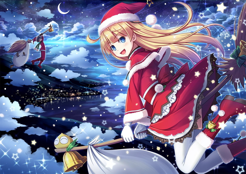 long, akashio, night, puyo, sky, eyes, bell, scarf, moon, blonde, santa, stars, boots, snow, hair, blue, 720P, hat, thighhighs, clouds, gloves, christmas