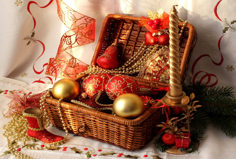 wealth, red, decoration, box - Container, indoors, still life, basket, tape, no people, Christmas tree branch, gold, winter, baubles, holiday - event, event