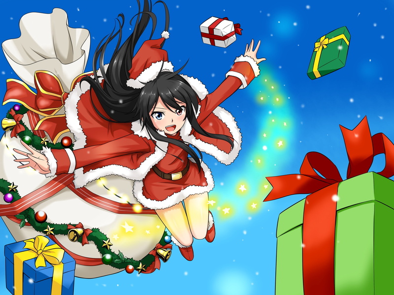 bicolored, original, felutiahime, dress, costume, hat, bow, eyes, stars, bell, boots, santa, hair, 245222, 1080P, black, konachan, cape, com, long, christmas