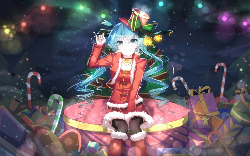 Ya, hat, bell, Long Hair, 720P, boots, miku, hatsune, Choker, christmas, Costume, Thighhighs, vocaloid, twintails, Skirt, bow, Santa, Sen