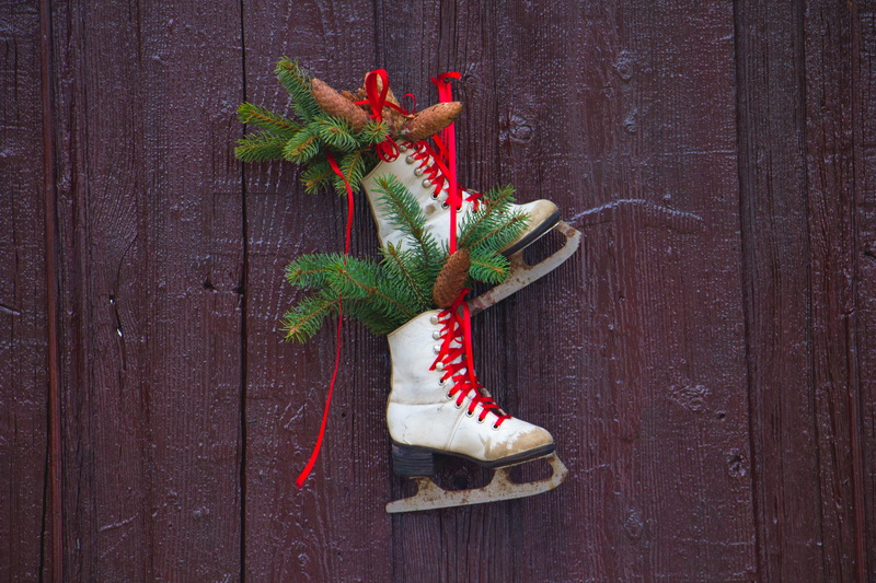 indoors, boots, white, coniferous tree, holiday, figure, wood - material, ice skates, christmas tree, red, no people, christmas decoration, christmas ornament