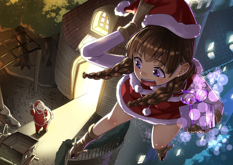 konachan, hat, hair, claus, 257176, otoi, santa, com, male, boots, blue, rekomaru, brown, long, costume, braids, gloves, original, christmas, 1080P, eyes