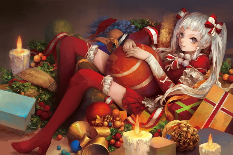 fashion, gray, twintails, original, thighhighs, lolita, hair, bell, white, boots, (maluaya), christmas, eyes, fruit, 720P, long, malu, bow