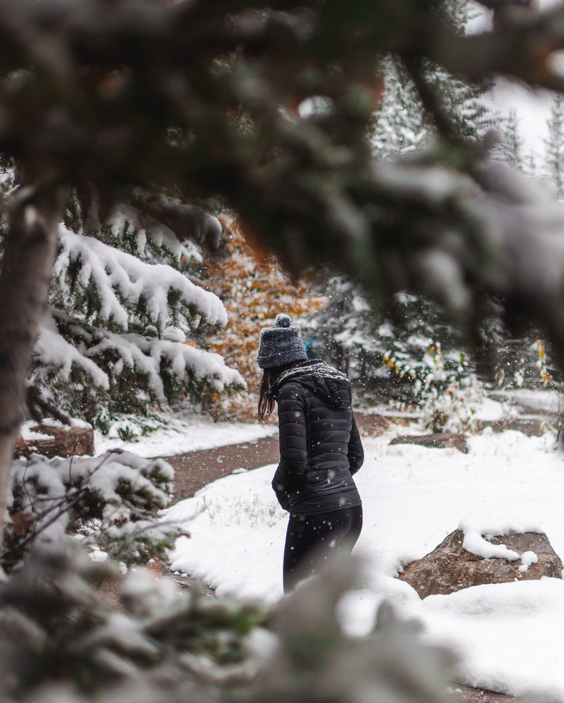 no People, jacket, near, tree, style, walking, female, hat, person, trees, hiking, boot, ice, woodland, 2K, fashion, beanie, christmas, woman, foliage