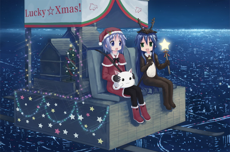 lucky, night, sky, hiiragi, isou, star, green, city, christmas, blue, short, konata, nagi, stars, tsukasa, izumi, eyes, long, boots, hair, 720P