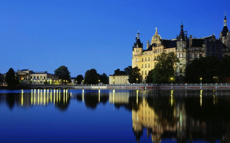 architecture, tree, urban Scene, illuminated, schwerin, building, germany, tower, tourism, travel Destinations, travel, built Structure, reflection, outdoors