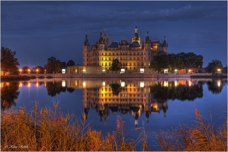 Schwerin, night, lake, 1080P, castle, lights, lighting, blue, reflection, the sky, Germany