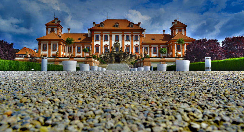 sky, mansion, architecture, architectural column, built structure, brown, building, illuminated, czech republic, house, no people, outdoors, colour photography
