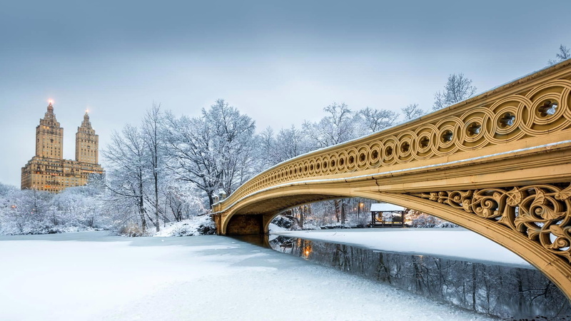 winter, New York, snow, USA, Central Park, 1080P, bridge bow