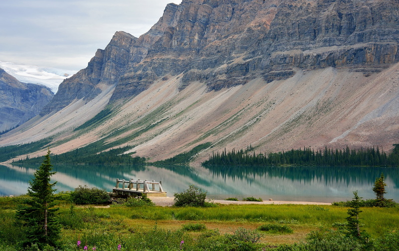 the bridge, Albert, trees, lake, pier, 1080P, Canada, Bow Lake, mountains