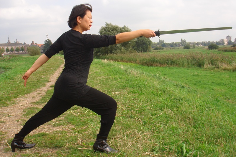 shaolin kung fu, pose, growth, full length, grass, green color, young women, sport, leisure activity, field, young adult, swordplay, casual clothing, land