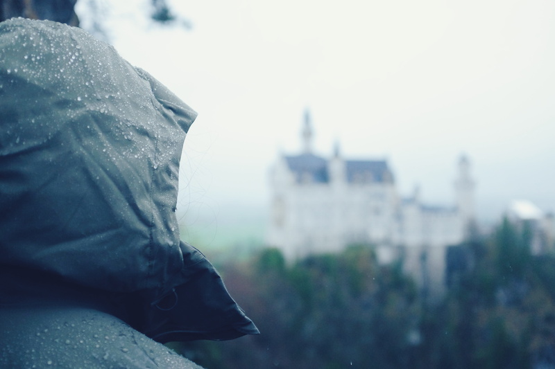 clouds, mountain, alps, building exterior, castle, city, winter, schloss, view, outdoors, bavaria, rain, girl, 4K, bayern, warm clothing, built structure