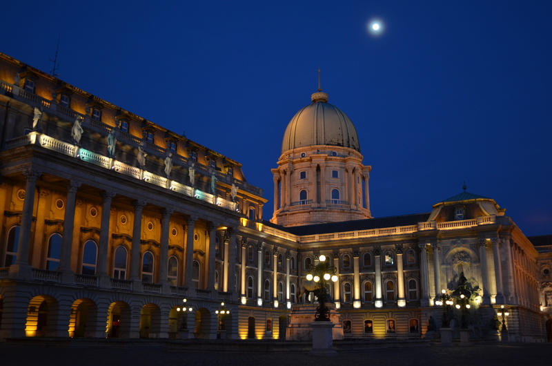government, facade, night, dome, no people, nature, clear sky, tourism, Buda Castle, the past, moon, 4K, Blue, nice, dusk, history, building, travel, travel destinations