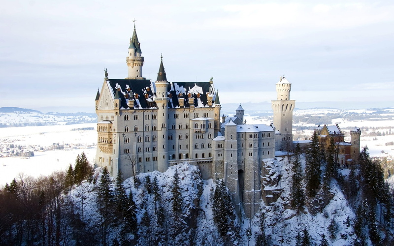 scenery, castle, plant, building exterior, nature, tower, germany, spire, landscape, neuschwanstein, 1080P, day, cold temperature, religion, schloss, built structure