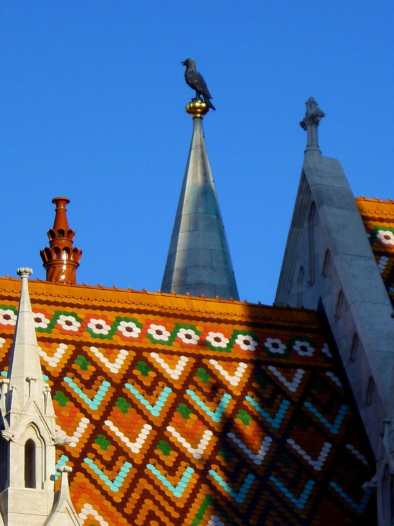 blue sky, building, castle area, Budapest, architecture, place of worship, zsolnay roof, black raven, day, city, outdoors, matthias church, low angle view