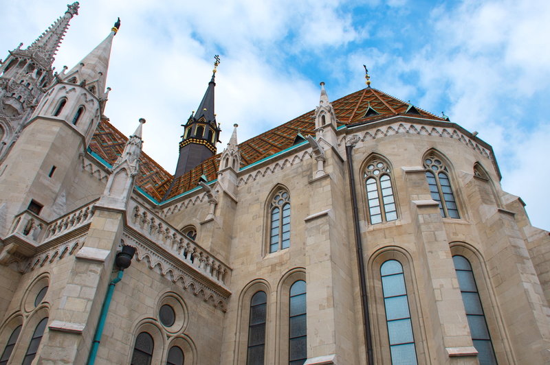 low angle view, travel, sky, structure, window, cloud - sky, hungary, city, nature, outdoors, building, church, gothic style, wall, no people, facade, built structure
