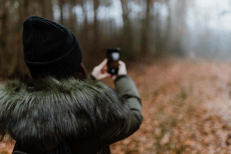 5K, day, photo messaging, one person, forest, mobile phone, connection, activity, adult, photography themes, telephone, woods, holding, autumn, foggy