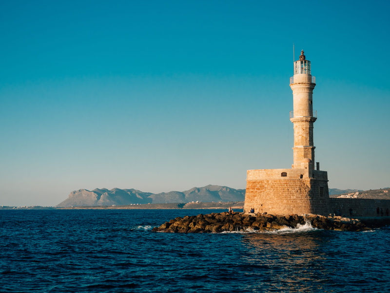 waterfront, sky, scenics - nature, 5K, guidance, building, mountain, day, building exterior, beauty in nature, blue, lighthouse, tower, chania, sea, clear sky