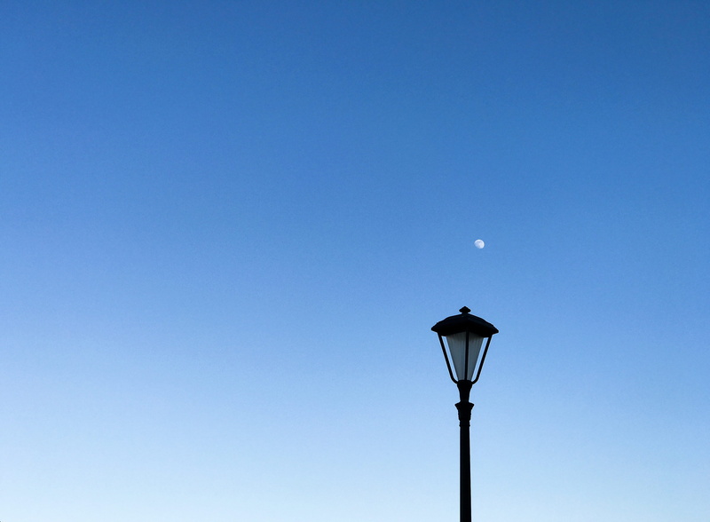 4K, beauty in nature, lighting equipment, blue, sunny, tranquility, moon, greece, bird, no people, evening, electric lamp, street, day, street light, copy space
