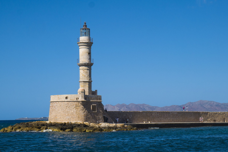lighthouse, blue, nature, outdoors, water, greece, day, building, clear sky, sky, waterfront, built structure, mountain, chania, history, the past, tower