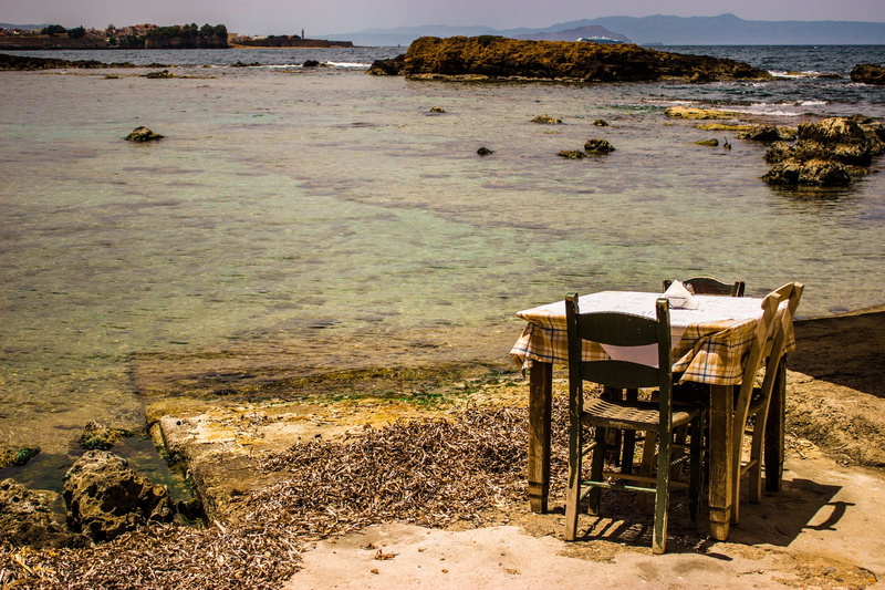 sunlight, Taverna, beach, sea, Table, wooden, seat, landscape, no people, sand, by the sea, day, near, high angle view, tranquility, greek, outdoors, Crete