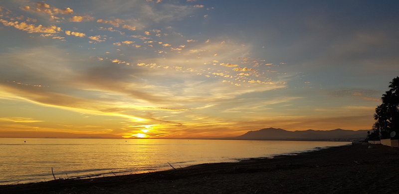 sunset, malaga, cloud - sky, sea, sun, sky, tranquility, sunlight, orange color, orange, horizon, outdoors, clouds, tranquil scene, water, idyllic, scenics - nature
