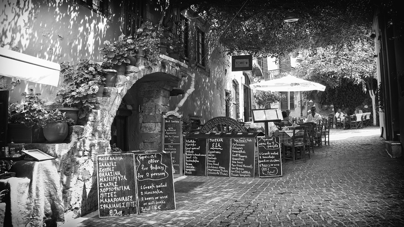 religion, belief, arch, day, plant, seat, black and white, spirituality, building, text, nature, communication, 4K, greece, summer vacation, street, no people