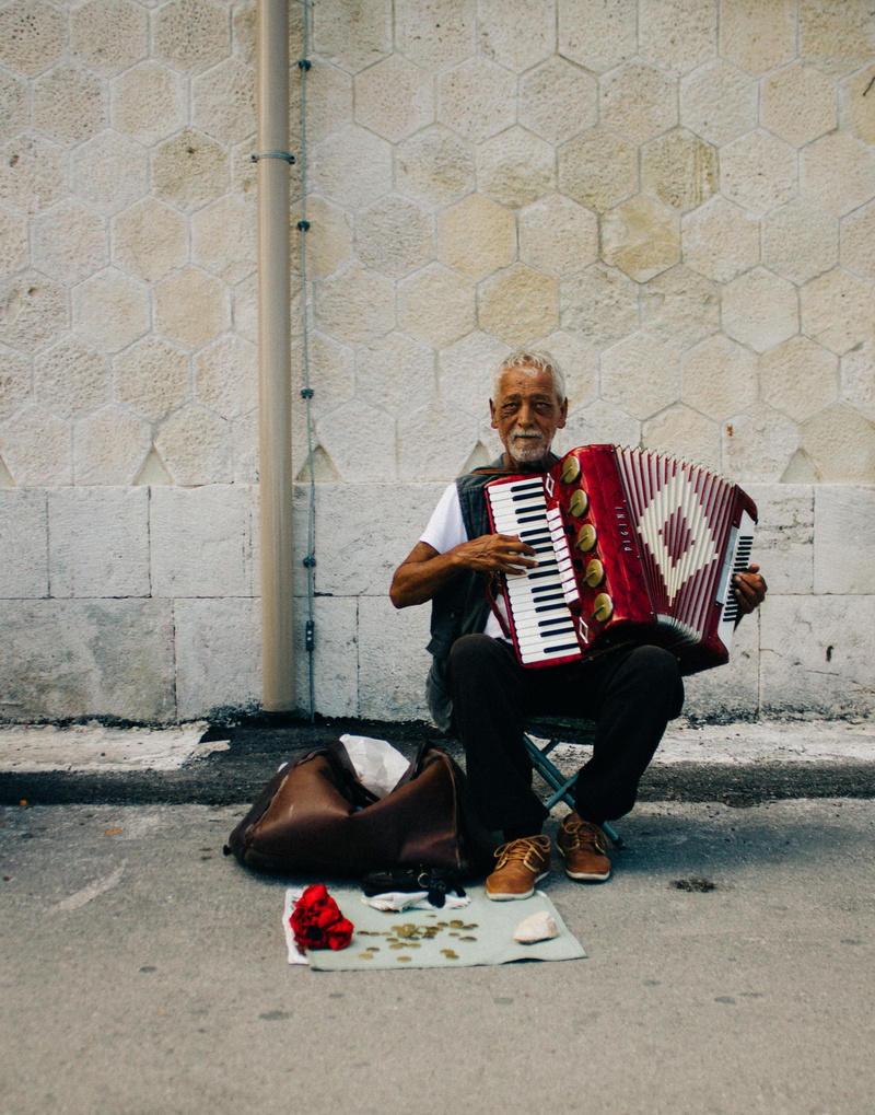 seniors, lifestyles, sitting, leisure activity, wall, male, chania, musician, man, accordion, destination, photo, color, beard, real people, one person