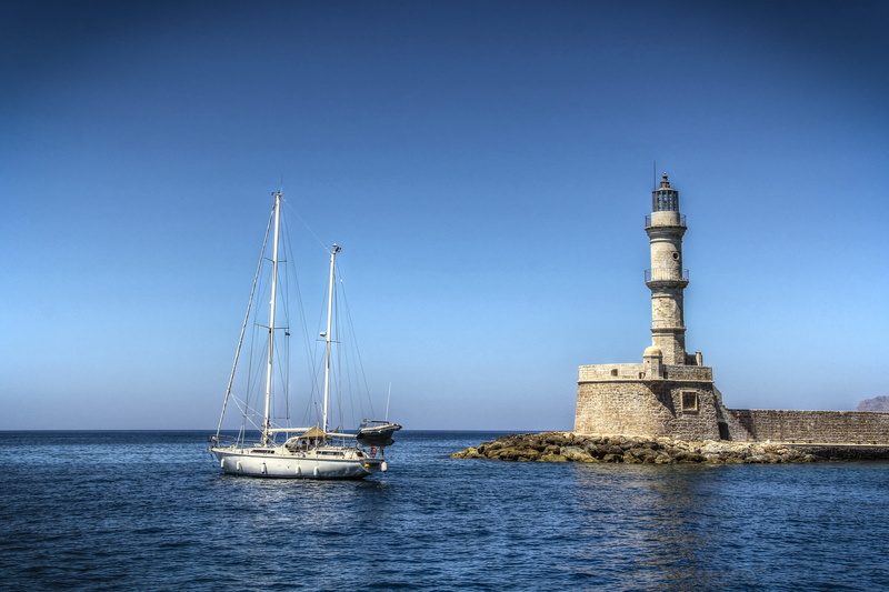 white, navigation, building exterior, no people, trip, mast, Yacht, maritime, lighthouse, Boat, nature, crete, near, greek islands, greece, port, mode of transportation